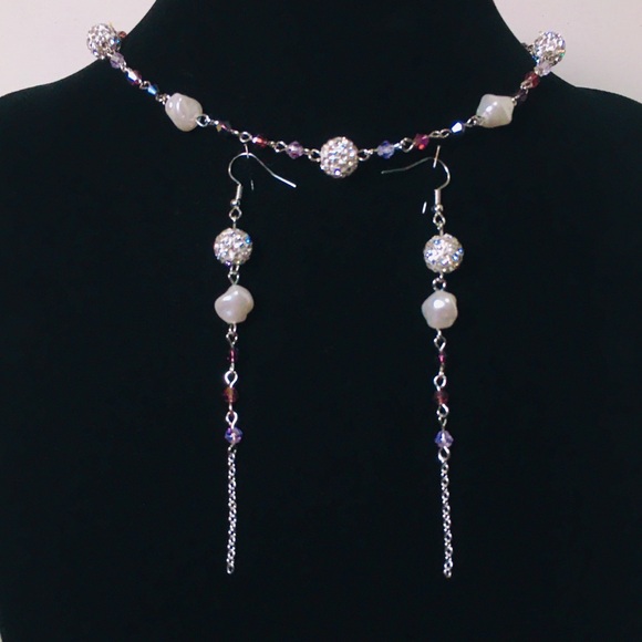 ✨NEW✨ Set Freshwater Pearl Silver Beaded Choker Necklace & Earrings - Picture 2 of 5